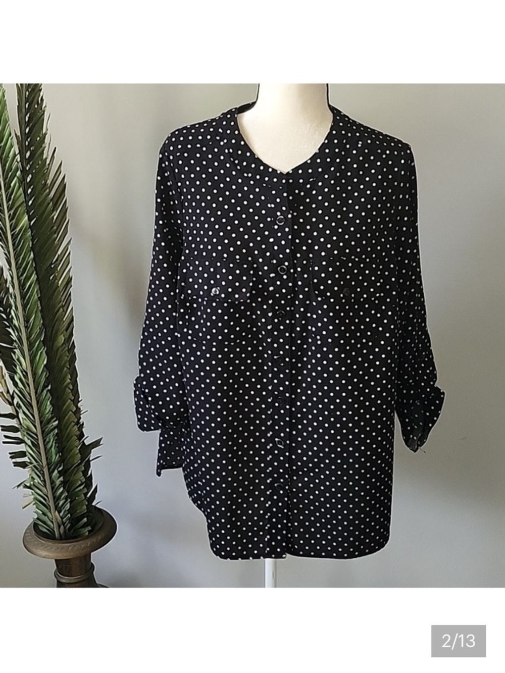 Notations Black and White Polka Dot Blouse with Straight Collar and Long Sleeves - Picture 2 of 13